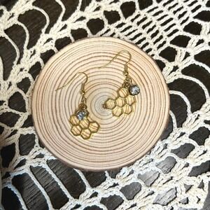 Upcycled Honeycomb Drop Earrings Gold Tone with Rhinestone Dangle Bee Jewelry
